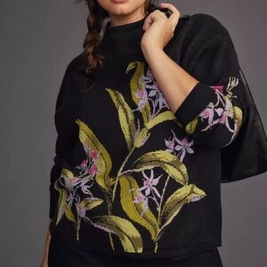 Maeve Anthropologie Carys Black Floral Print Mock Neck Knit Pullover Sweater L